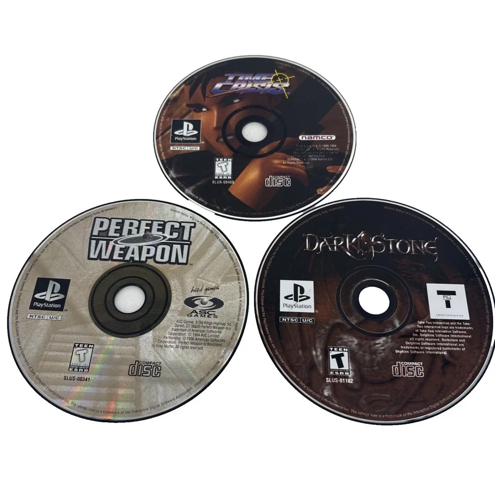 PS1 Game‎ Lot Time Crisis, Perfect Weapon & Darkstone PlayStation 1 DISCS ONLY